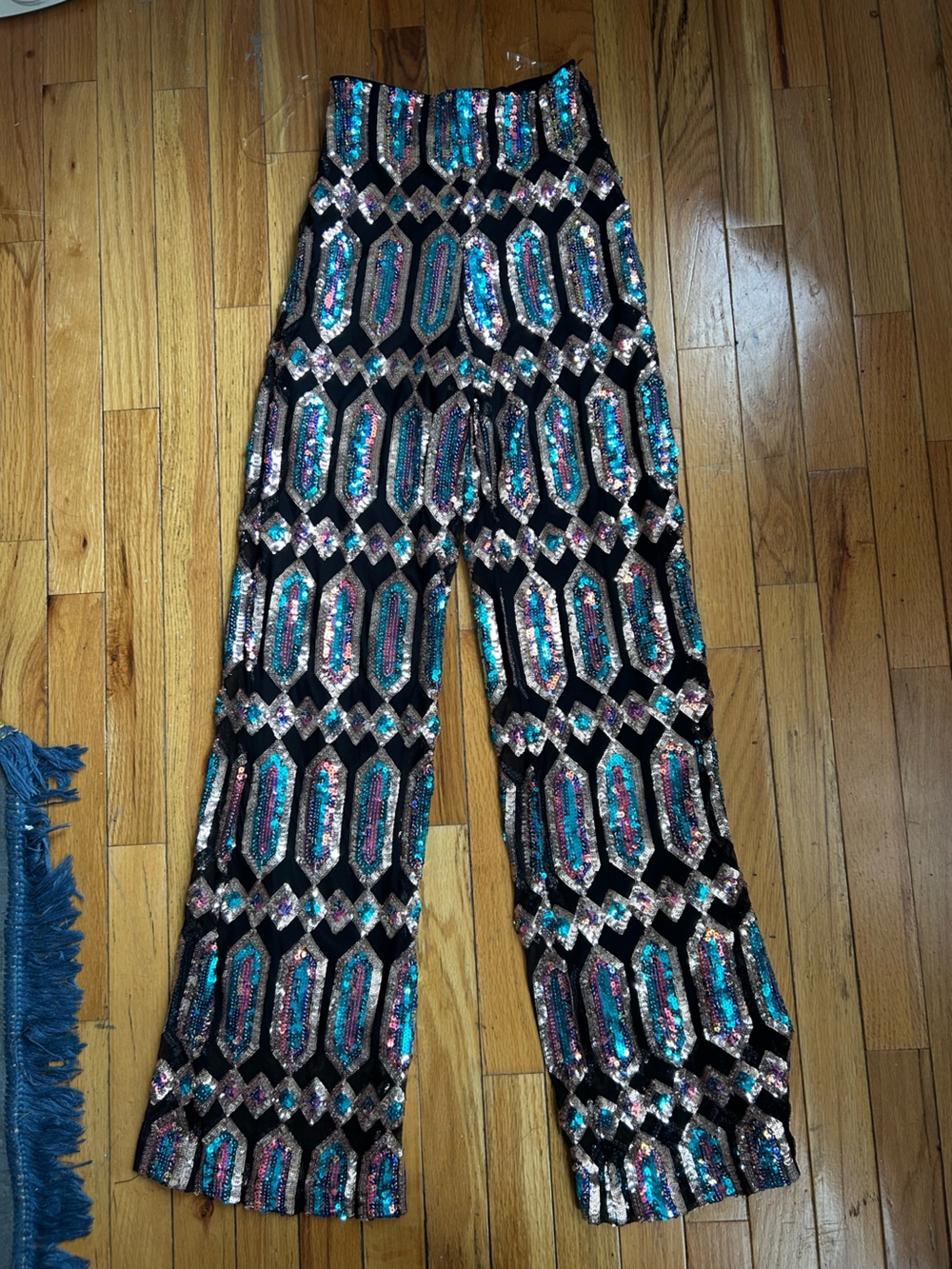 Fashion Nova Black Wide-Leg Sequin Pants with Multicolor Gems